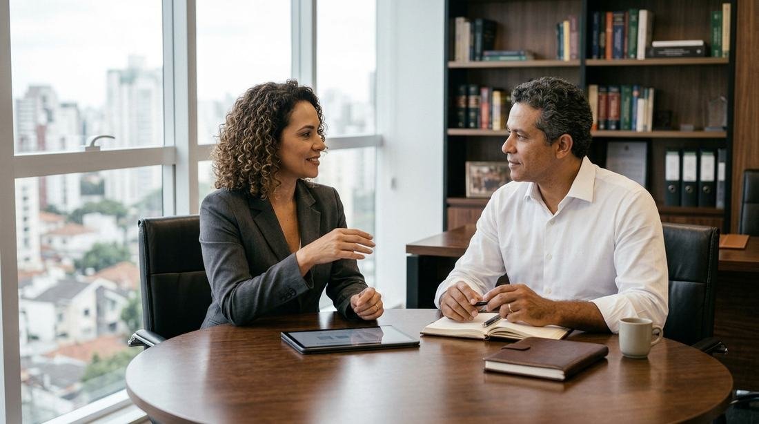 Advogada e consultor conversando em reunião