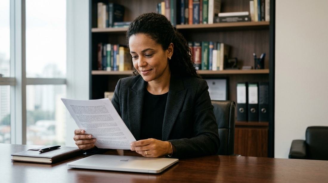 Advogada lendo um documento em seu escritório